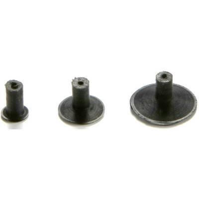 Drei schwarze, unterschiedlich große Gummistopfen mit runder Basis stehen nebeneinander auf einer weißen Fläche.