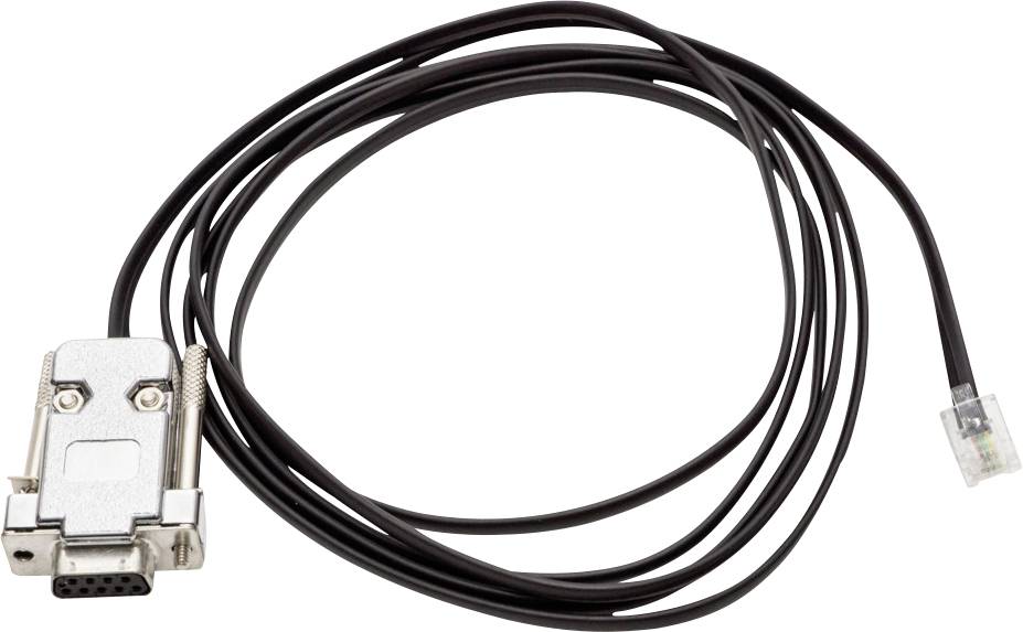 Ein schwarzes Kabel mit einem 9-poligen D-Sub-Stecker auf der einen und einem RJ45-Stecker auf der anderen Seite, geeignet für Datenverbindungen.