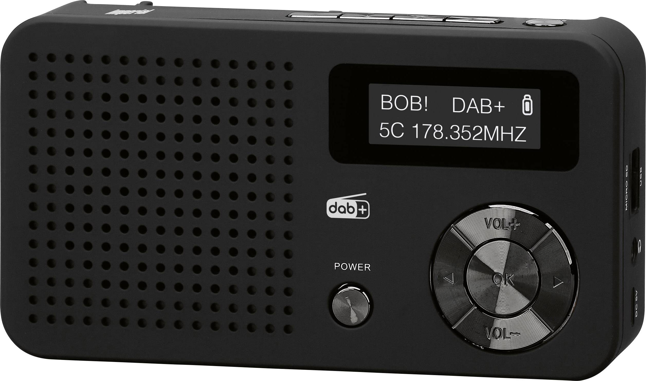 Kleines tragbares DAB+ Radio in Schwarz, zeigt auf dem Display 'BOB! DAB+ 5C 178.352MHZ'. Bedienelemente und Lautstärkeregler sichtbar.
