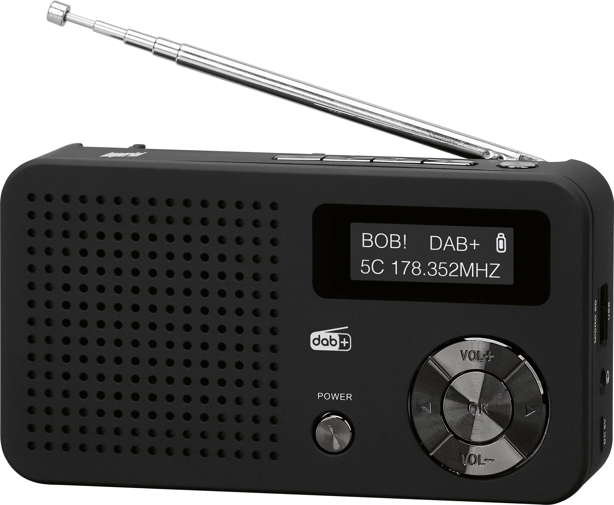 Schwarzes tragbares DAB+ Radio mit ausziehbarer Antenne. Display zeigt 'BOB! DAB+ 5C 178.352MHZ'. Tasten zur Lautstärkeregelung vorn.