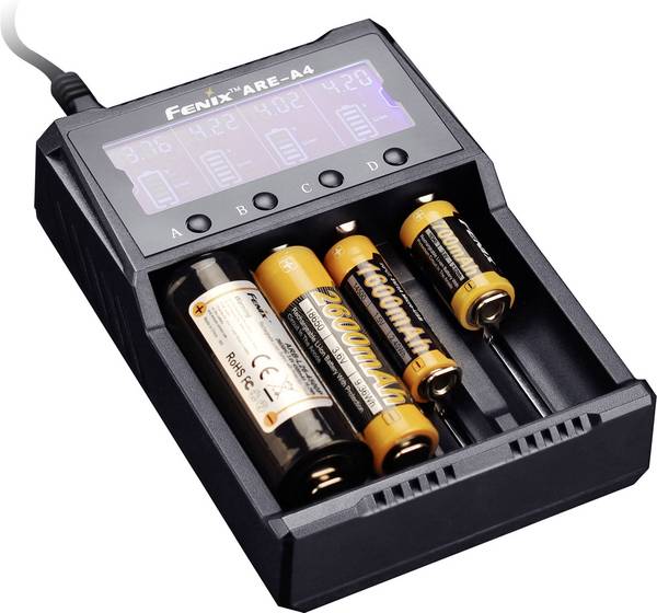 Fenix Light ARE-A4 Rundzellen-Ladegerät NiCd, NiMH, LiIon 10340, 10350, 10440, 10500, 12500, 12650, 13500, 13650, 14500, 14650, 16340, 16650, 17335, 17355, 17500, 17650, 17670, 18350, 18490, 18500, 18650, 18700, 20650, 21700, 22650, 25500, 26500, 26650, Micro (AAA), Mignon (AA), Baby (C)