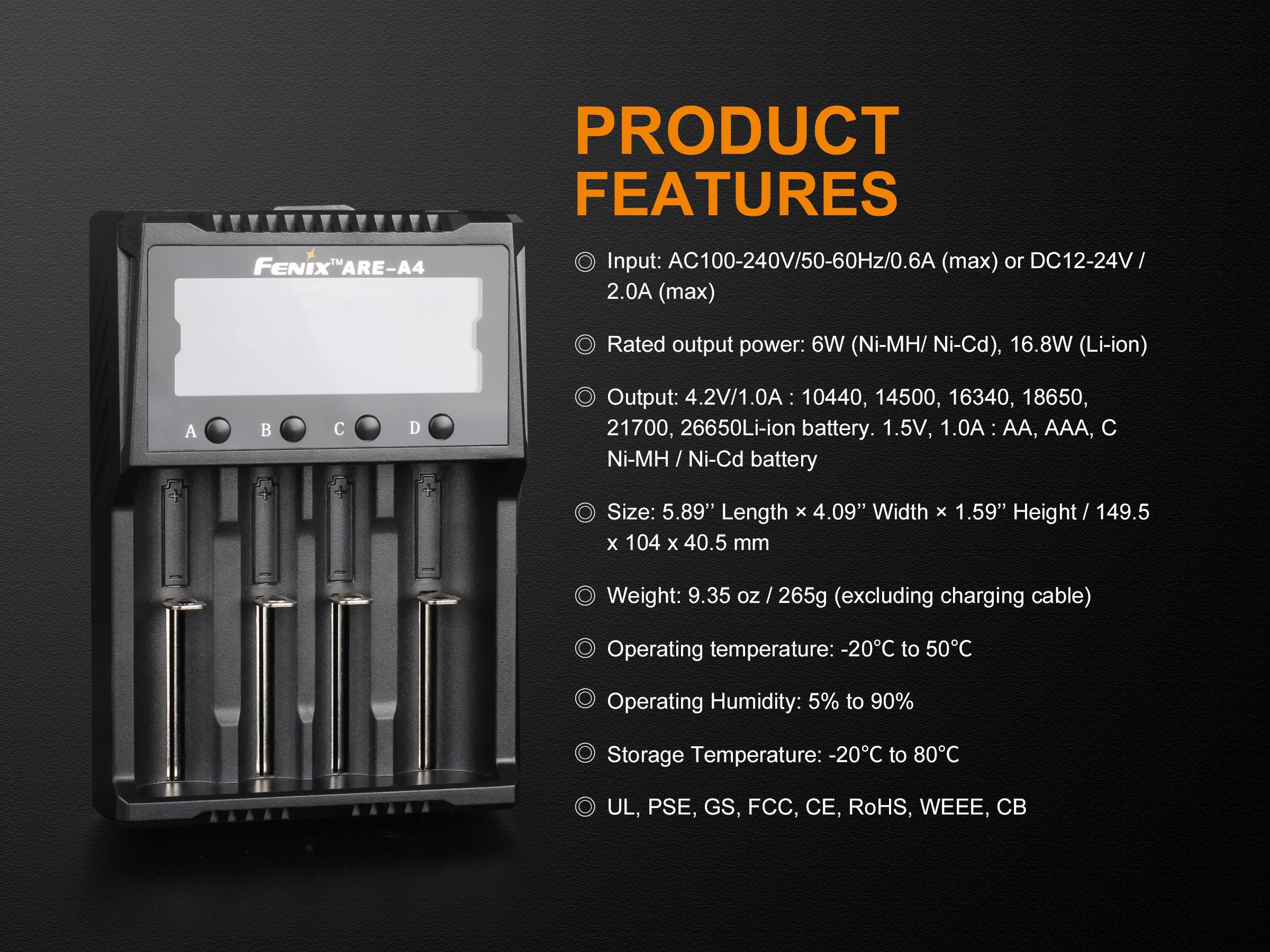 Fenix Light ARE-A4 Rundzellen-Ladegerät NiCd, NiMH, LiIon 10340, 10350, 10440, 10500, 12500, 12650, 13500, 13650, 14500,-2