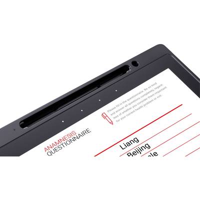Tablet mit einem Gesundheitsfragebogen, der den Titel 'ANAMNESIS QUESTIONNAIRE' trägt. Hinweise zur Beantwortung sind sichtbar.