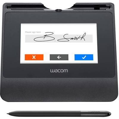 Ein elektronisches Signatur-Pad mit dem Bildschirmtext 'Bitte hier unterschreiben' und einer Unterschrift, darunter Kontrolltasten. Ein digitaler Stift liegt davor.
