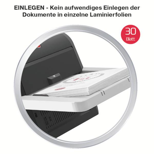 Ein Dokumentenstapel liegt in einem automatischen Laminiergerät. Text 'EINLEGEN - Kein aufwendiges Einlegen der Dokumente'.