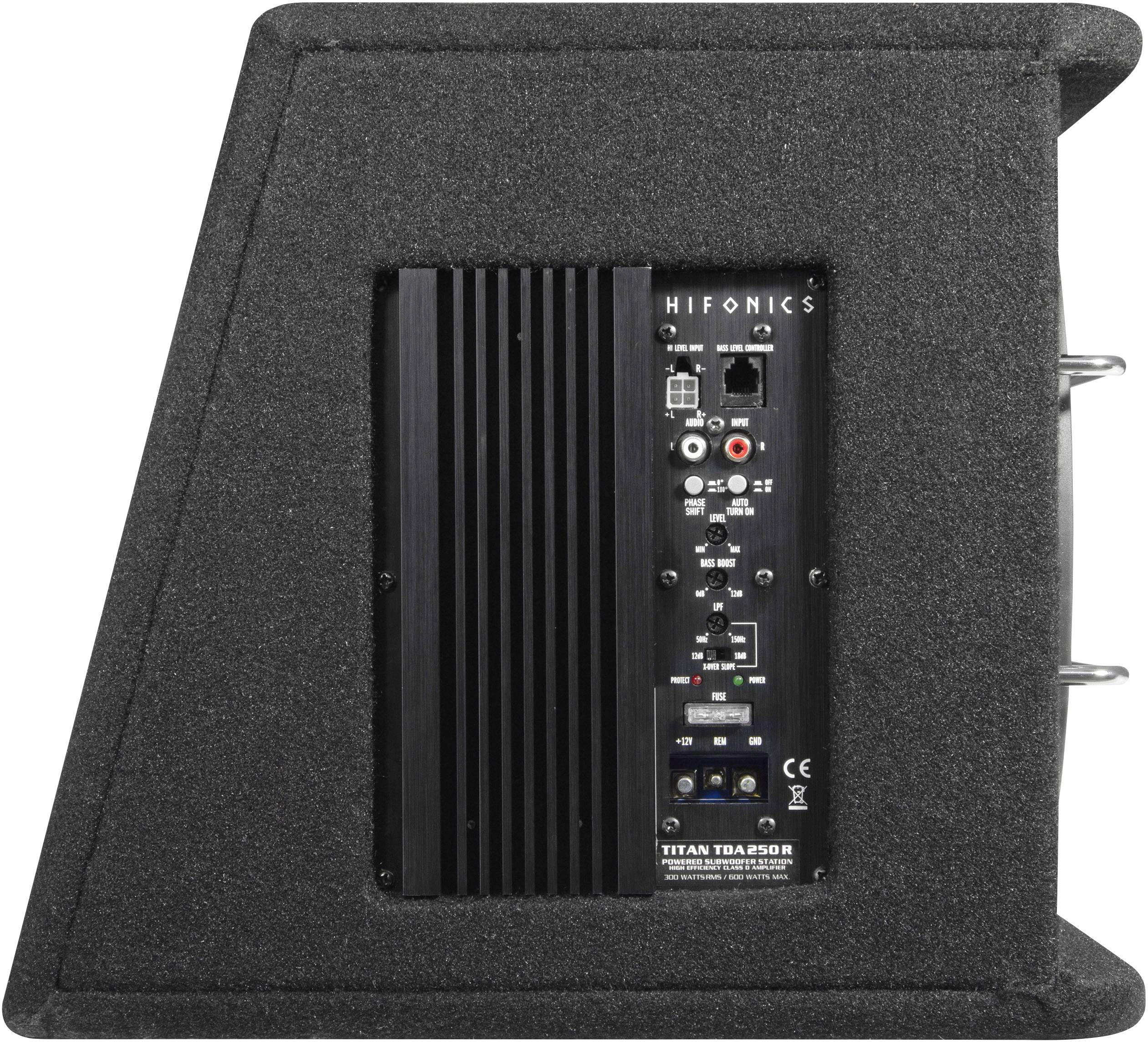 Schwarzer HiFi-Aktiv-Subwoofer mit Bedienelementen und Anschlüssen auf der Rückseite. Markenname "HiFonics" oben sichtbar.