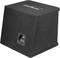 Schwarzer Lautsprecher-Subwoofer in quadratischer Form, auf einer Seite mit Anschlussfeld.
