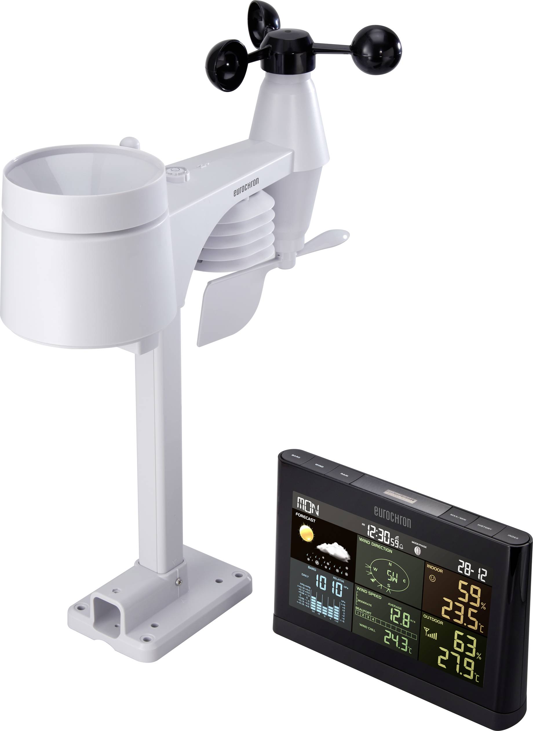 Wetterstation mit Anemometer, Regenmesser und digitalem Display. Zeigt Temperatur, Luftfeuchtigkeit und Wetterdaten an.