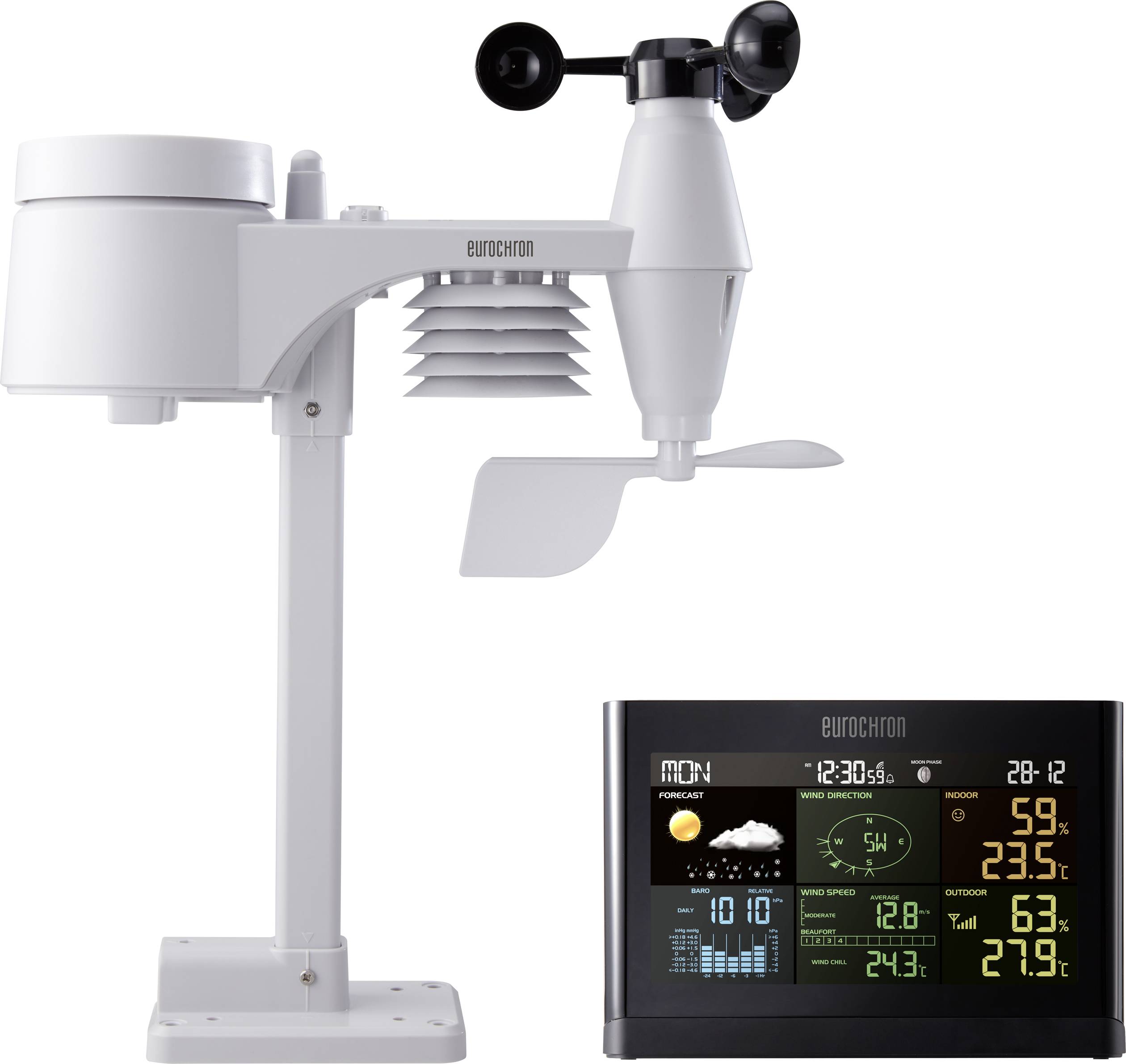 Wetterstation mit Sensor und Display. Anzeige von Temperatur, Luftfeuchtigkeit und Wettervorhersage. Kompakte, informative Darstellung.