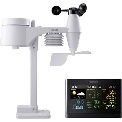 Wetterstation mit Sensor und Display. Anzeige von Temperatur, Luftfeuchtigkeit und Wettervorhersage. Kompakte, informative Darstellung.
