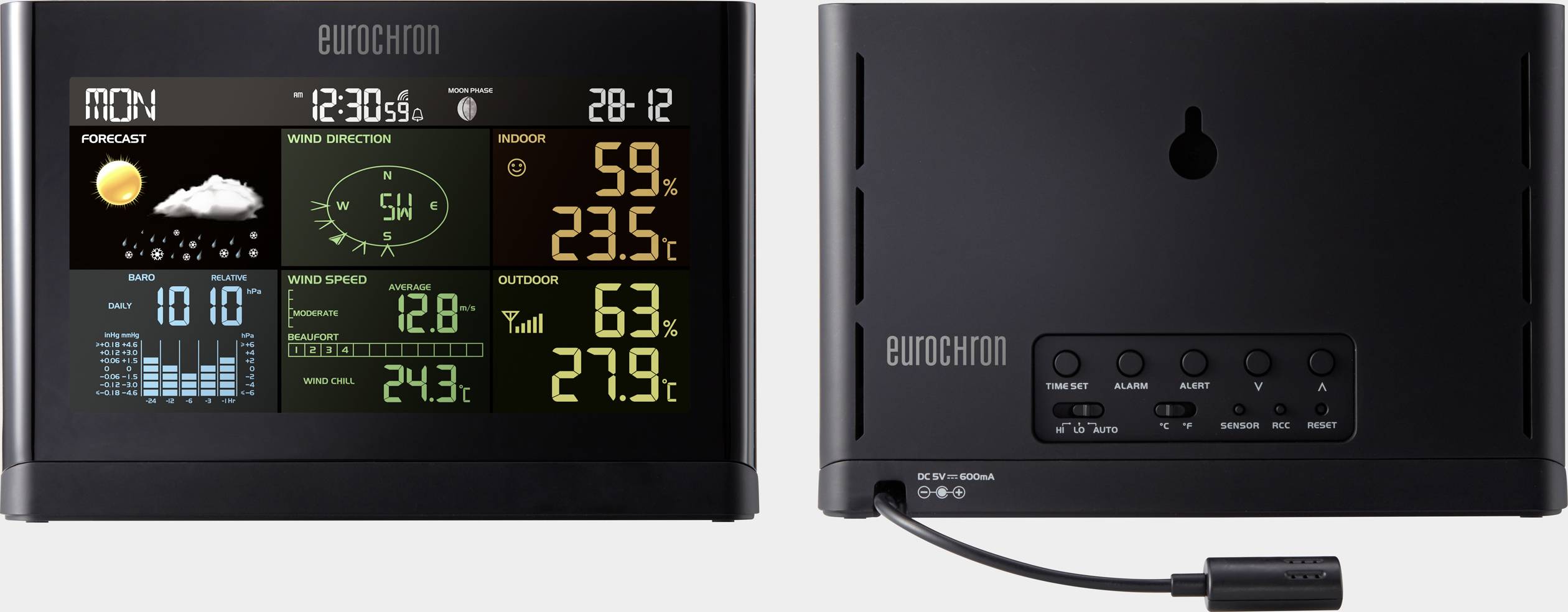 Digitales Wetterstation-Display mit Uhrzeit, Datum und Wetterinformationen: Temperatur, Luftfeuchtigkeit, Windgeschwindigkeit und Wettervorschau.