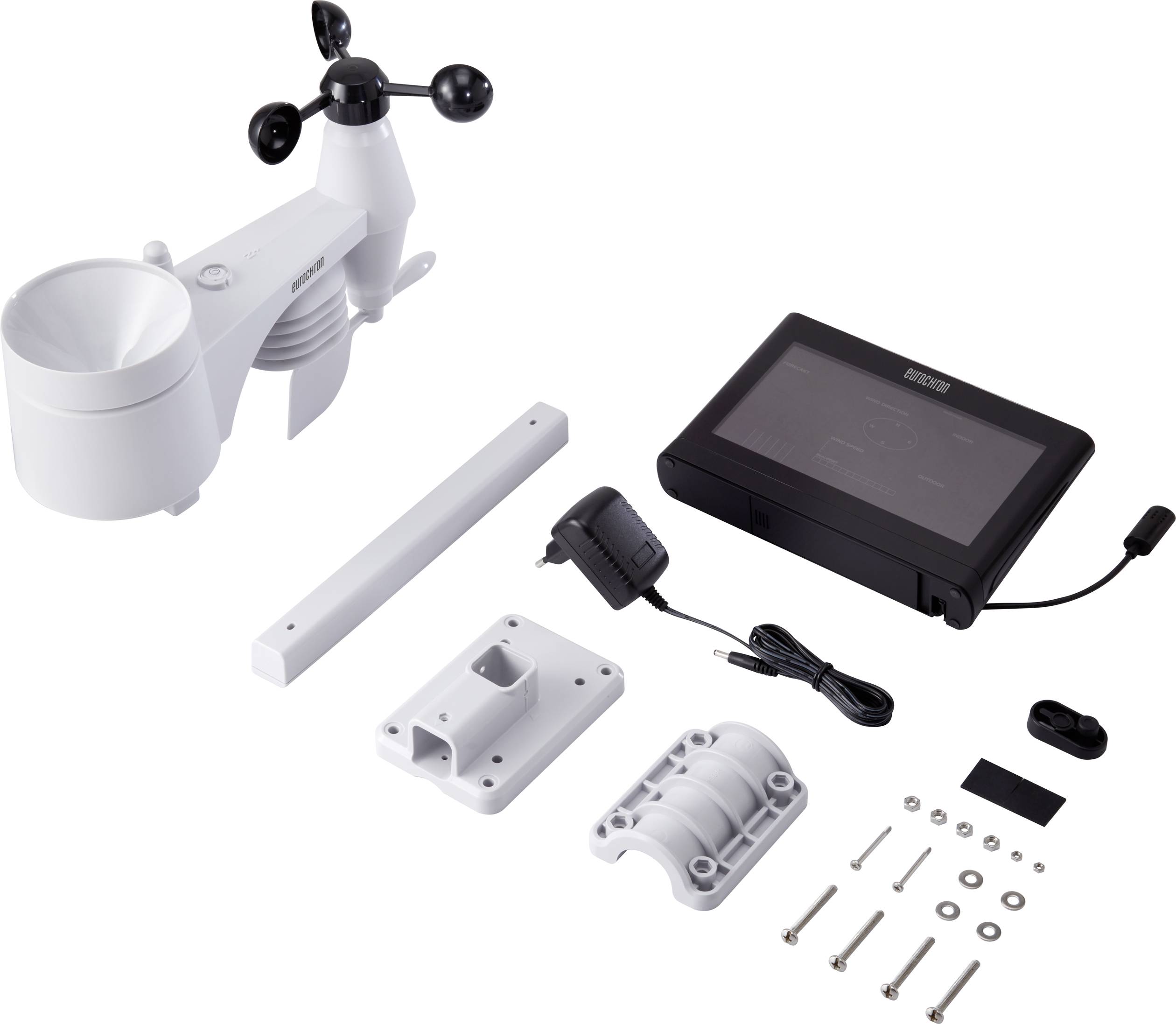 'Wetterstation mit Sensoren, Display, Haltevorrichtungen und Montagematerial. Zeigt Temperatur- und Wetterdaten an.'