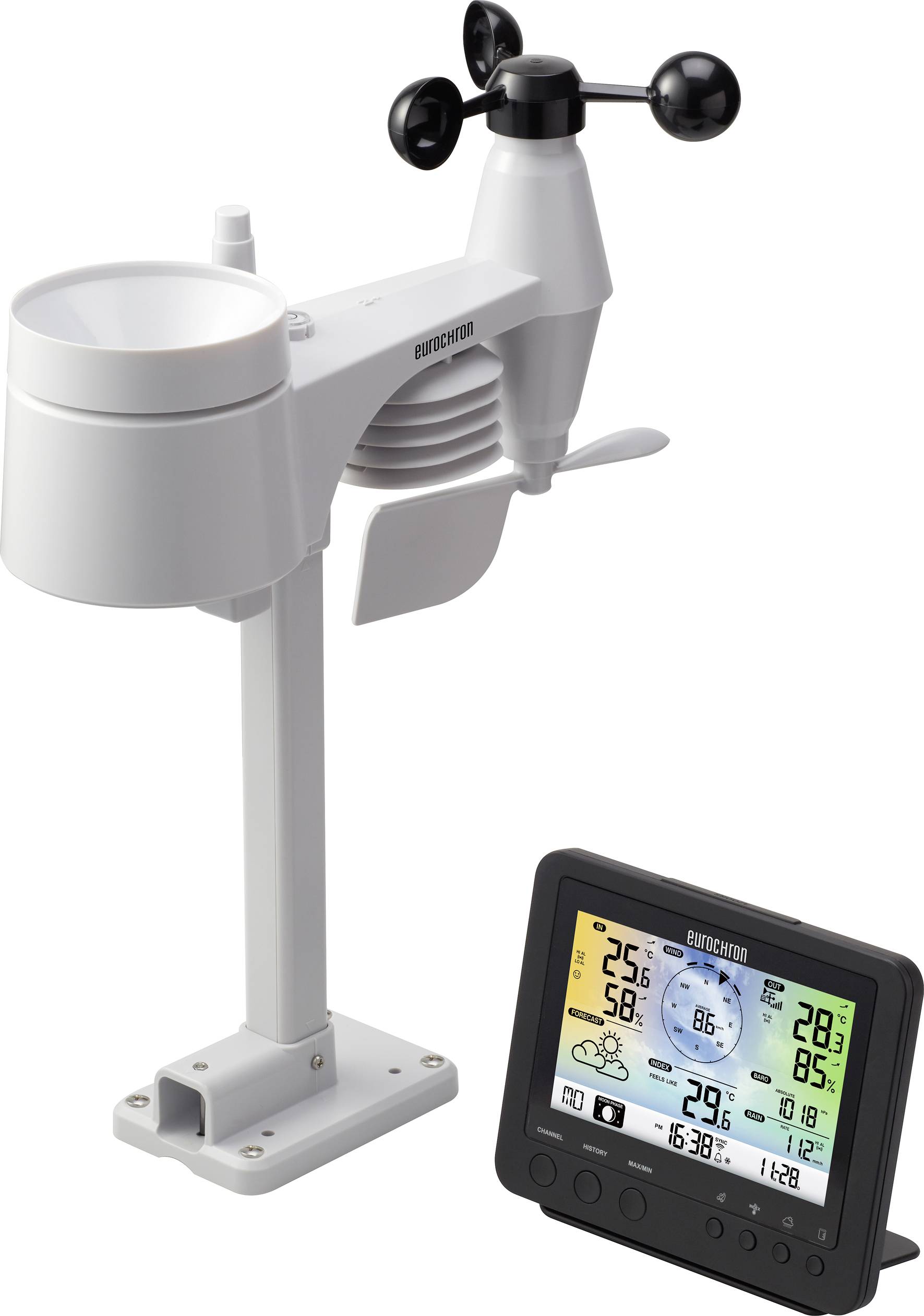 Wetterstation mit Display. Zeigt Temperatur, Luftfeuchtigkeit, Windgeschwindigkeit und Niederschlagsmenge an. Messgerät im Hintergrund.