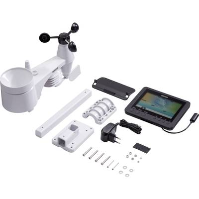 Wetterstation-Set mit Außensensor, Monitor, Netzkabel und Montagezubehör, auf weißem Hintergrund. Komponenten zur Messung von Wetterdaten.