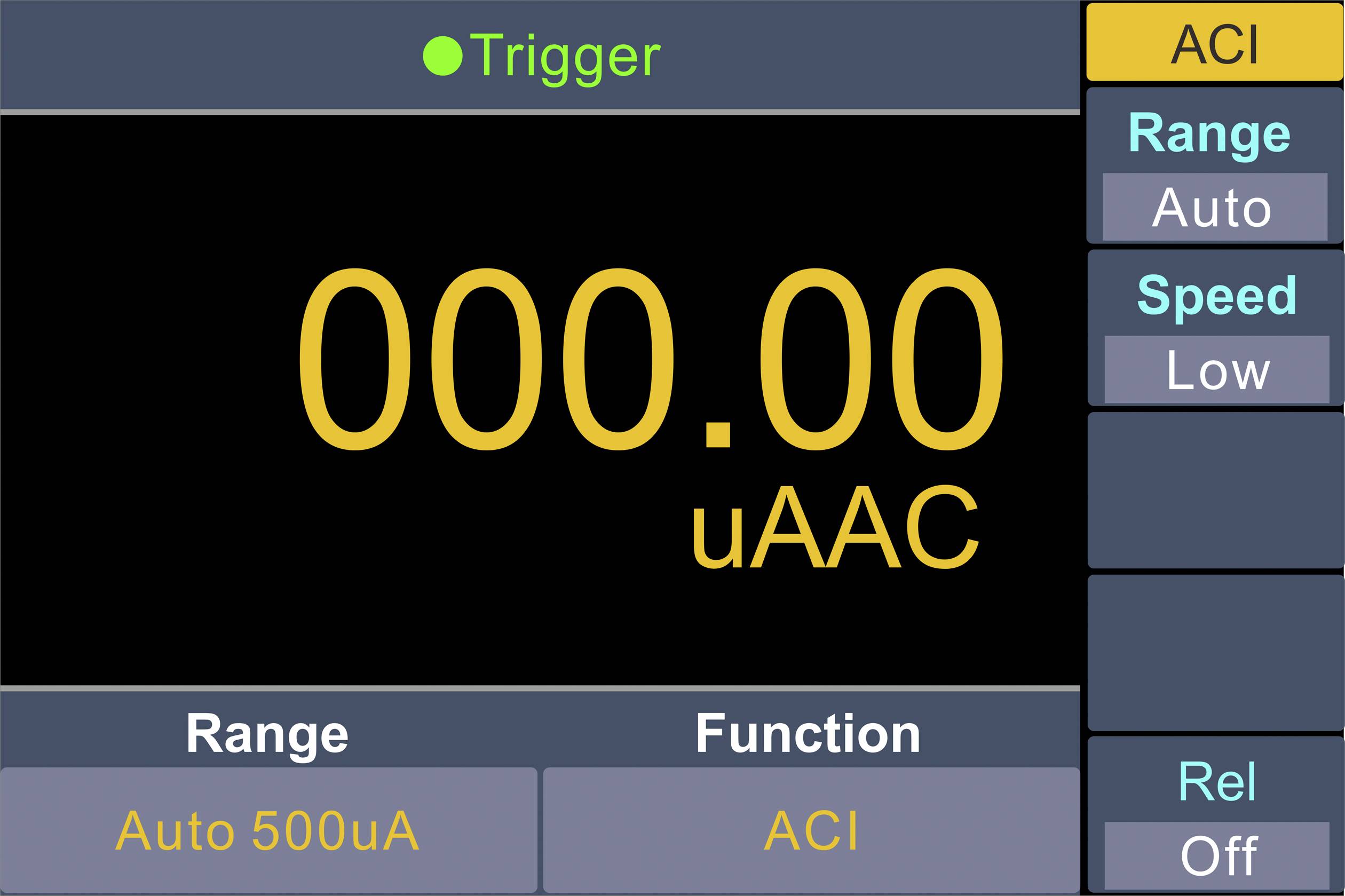 Messbildschirm eines Messgeräts zeigt 'ACI', '000.00 uAAC', 'Auto 500uA'. Steueroptionen: 'Range Auto', 'Speed Low', 'Rel Off'.
