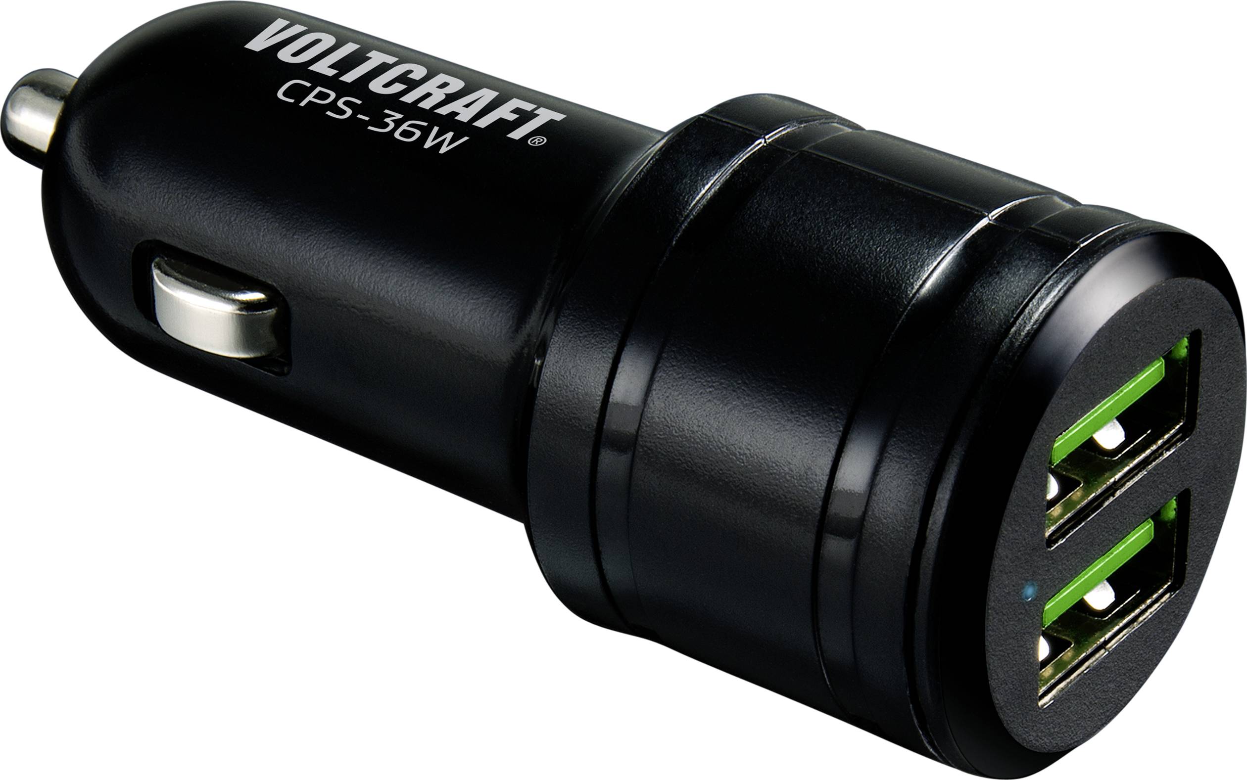 Schwarzes Autoladegerät mit zwei USB-Anschlüssen der Marke Voltcraft, Modell CPS-36W. Geeignet für das Laden elektronischer Geräte.