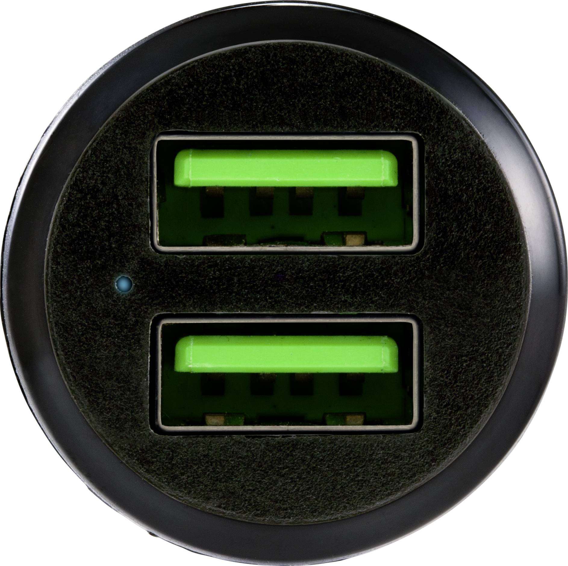 Zwei USB-Anschlüsse mit grünen Innenflächen, geeignet zum gleichzeitigen Laden von zwei Geräten.