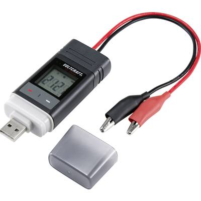 Elektronisches USB-Messgerät zur Spannungsüberwachung mit Display und abnehmbarer Abdeckung; rote und schwarze Krokodilklemmen.
