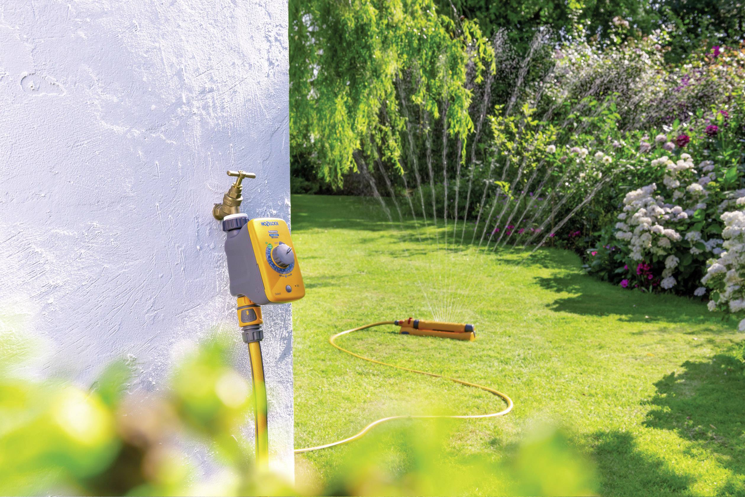 Ein Garten mit einem automatischen Bewässerungssystem, das Wasser von einem Wasserhahn zu einem Sprinkler auf dem Rasen leitet.