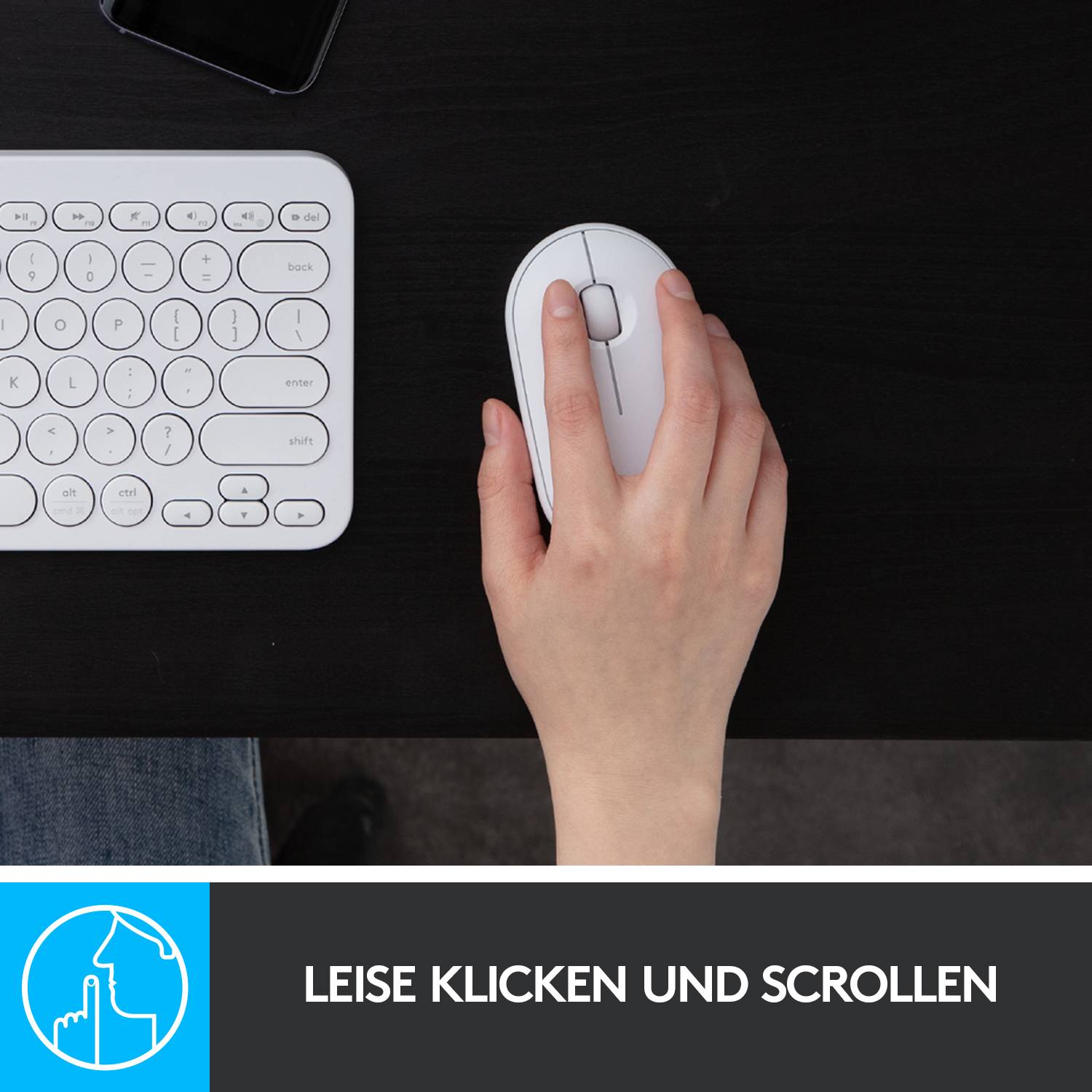 Eine Hand benutzt eine kabellose Maus neben einer Tastatur. Text unten: 'Leise klicken und scrollen'.