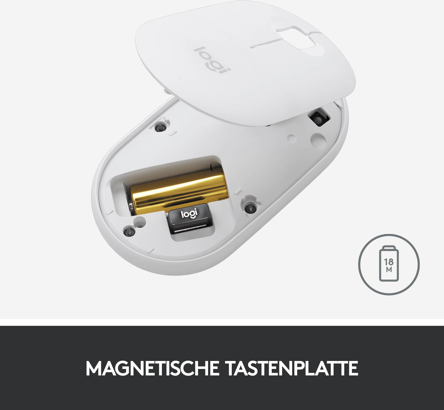 Eine geöffnete Computermaus zeigt das Batteriefach mit einer eingelegten AA-Batterie und einem USB-Empfänger. Text: 'MAGNETISCHE TASTENPLATTE'.