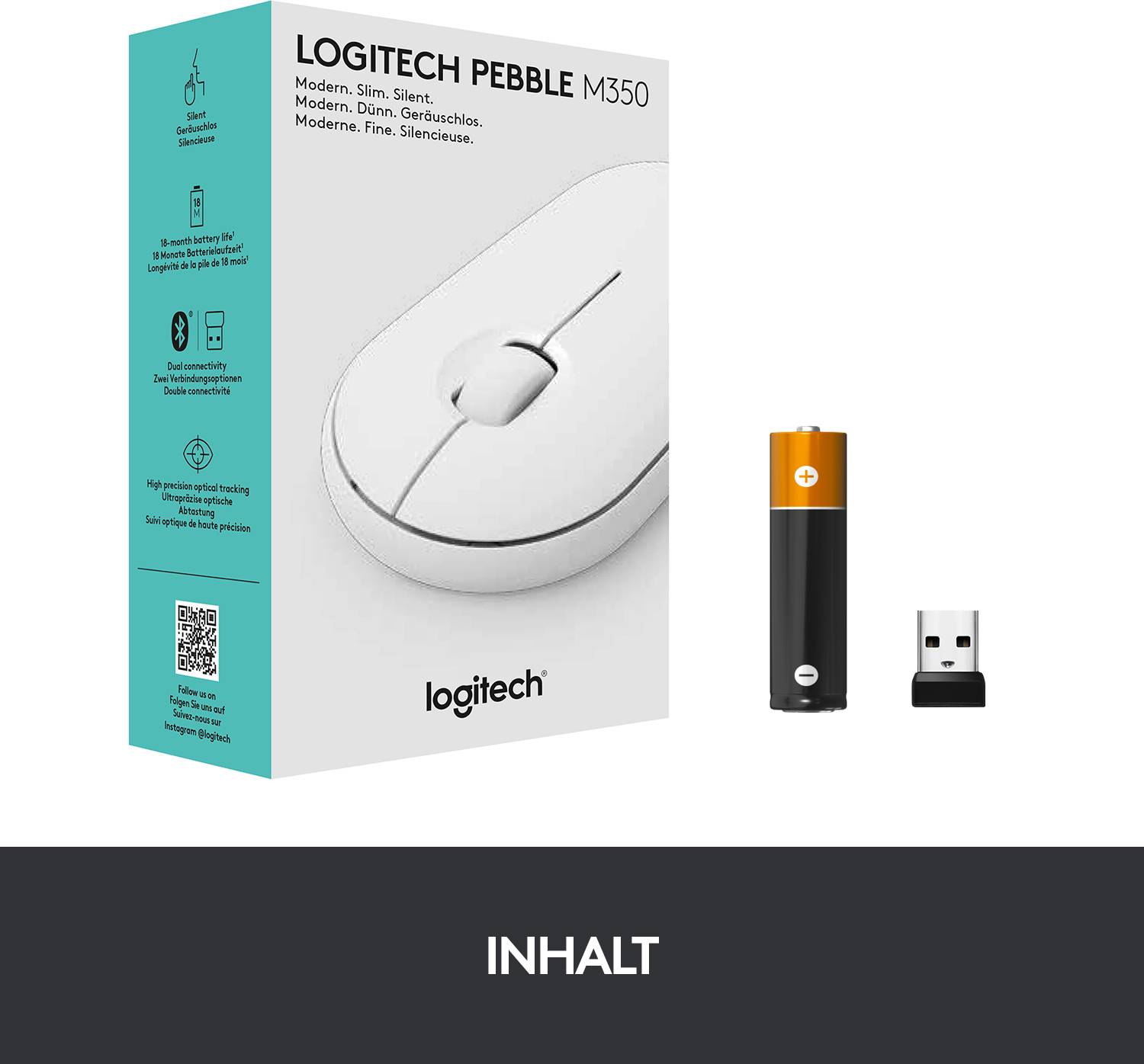 'Logitech Pebble M350' Verpackung zeigt eine schlanke, moderne Maus. Enthalten sind die Maus, eine Batterie und ein USB-Empfänger.