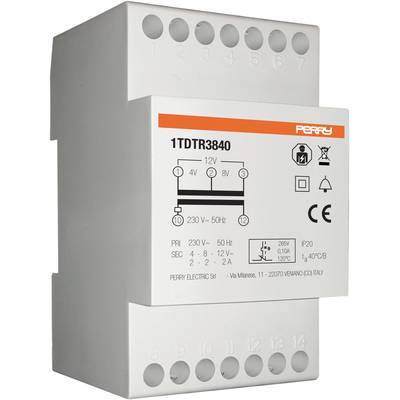 Ein elektrischer Transformator von Perry Electric mit den Details zur Spannungsausgabe: 12V, 1,2A. Geeignet für DIN-Schienenmontage.