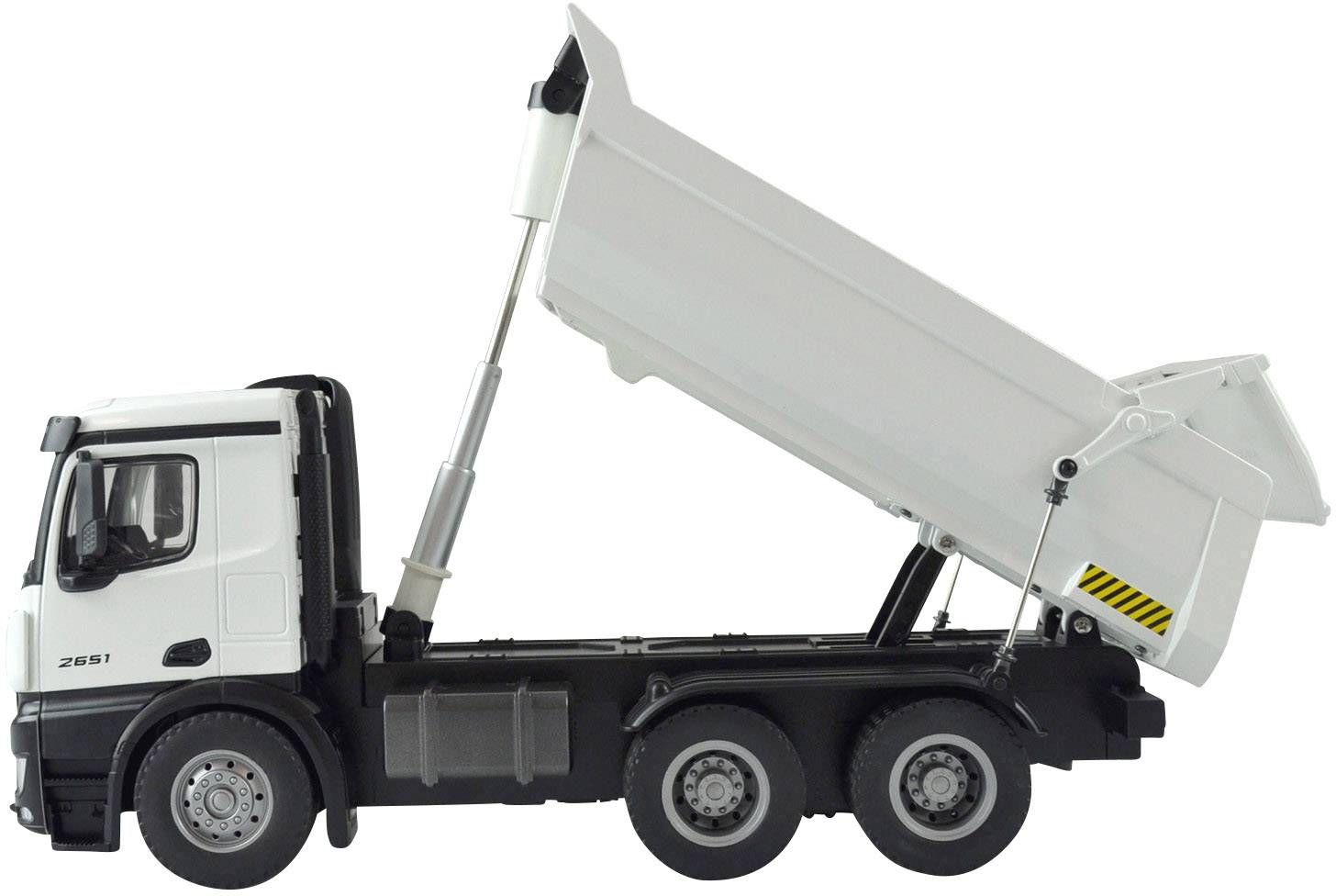 Ein weißer Kipp-Lkw mit angehobener Ladefläche zeigt den Mechanismus des Kippens. Hintergrund neutral, Fokus auf das Fahrzeug.