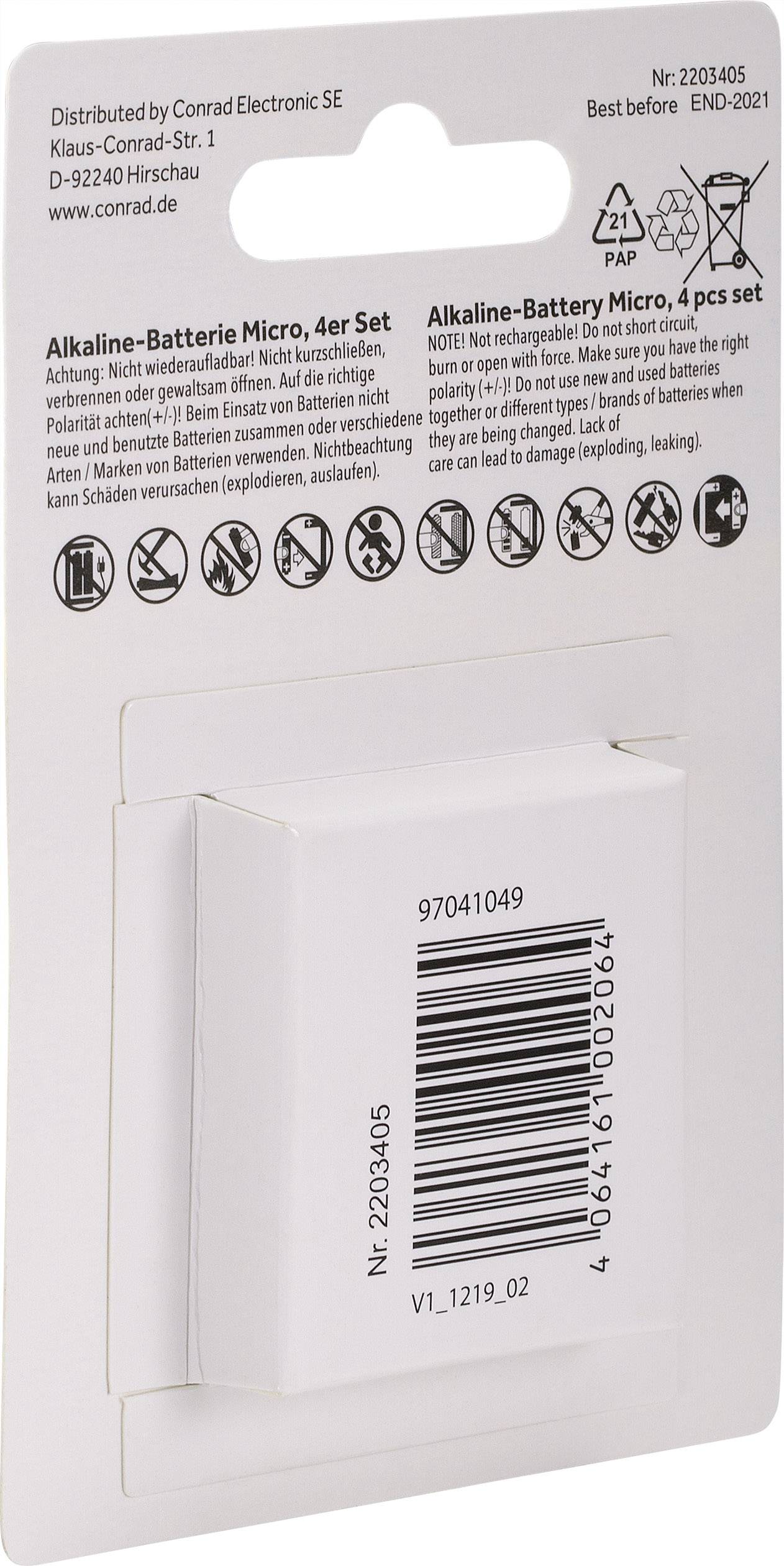 'Verpackung eines 4er-Sets Alkaline-Micro-Batterien, verteilt von Conrad Electronic SE. Enthält Warnhinweise und Recycling-Symbole.'