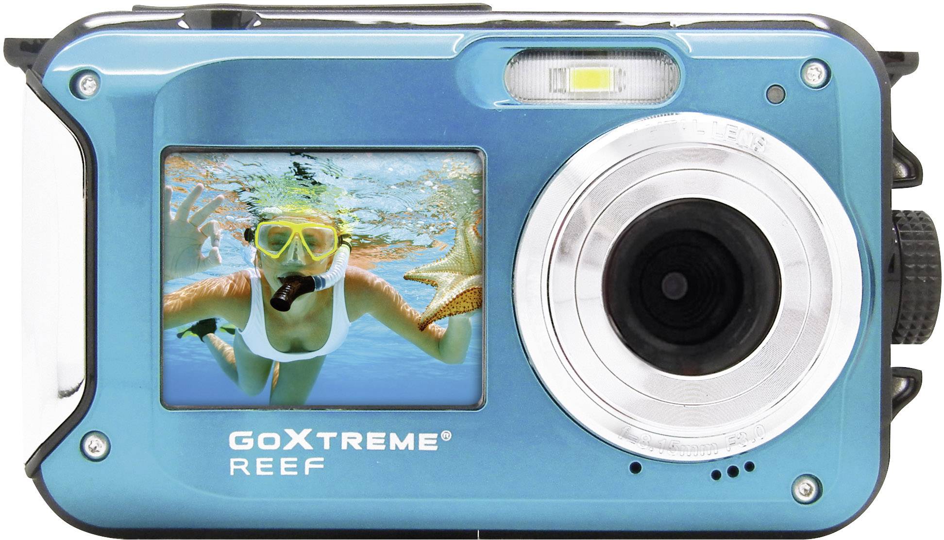 Reef Blue Digitalkamera 24 Megapixel Blau Full HD Video, Wasserdicht bis 3 m, Unterwasserkamera, Stoßfest, mit