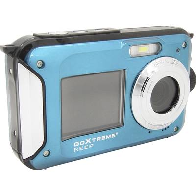 Eine blau-silberne Digitalkamera mit der Aufschrift 'GoXtreme Reef'. Die Kamera hat ein Display, ein Objektiv und einen Blitz.