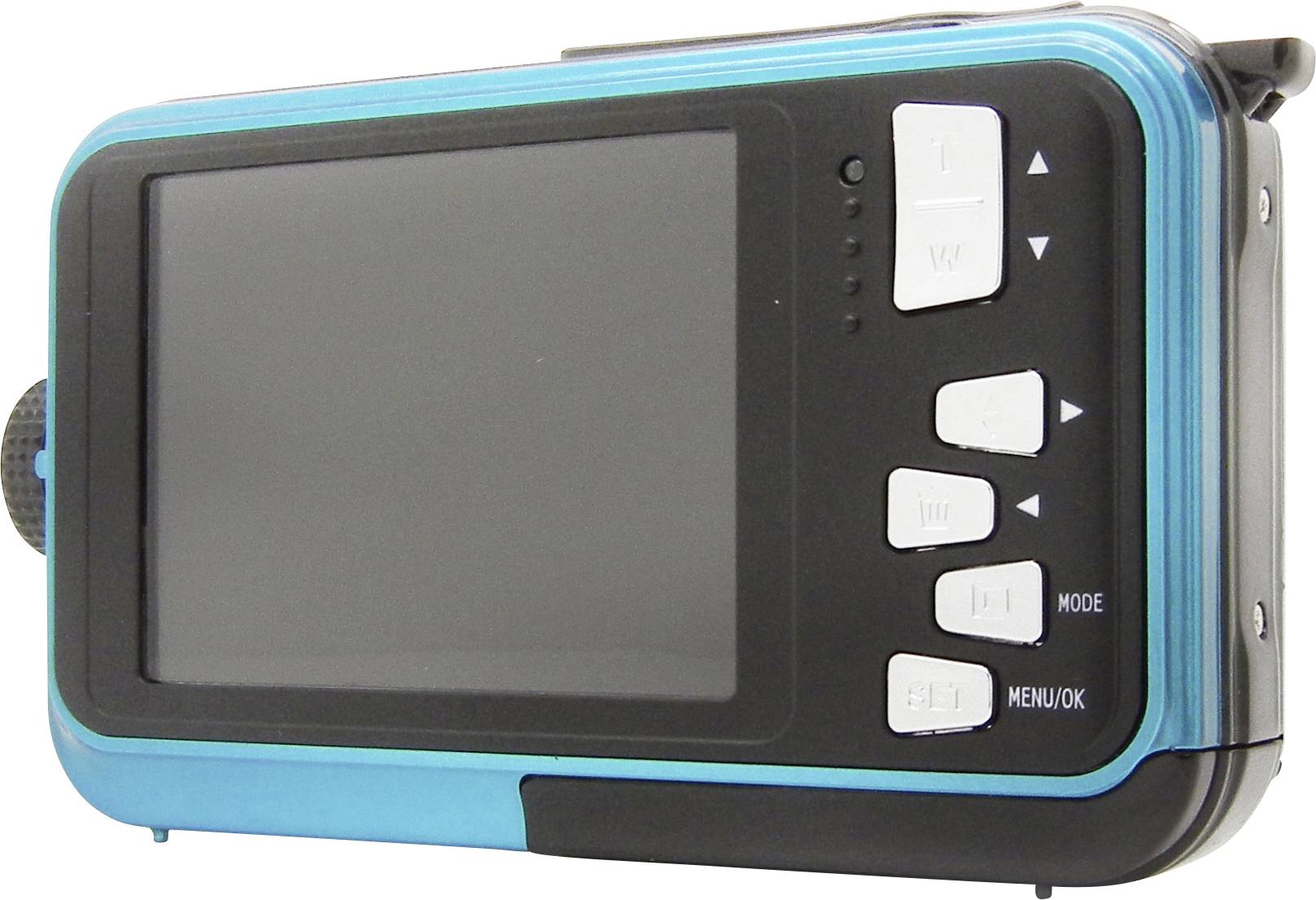 Kompakte blaue Digitalkamera mit Bildschirm und fünf weißen Bedientasten auf der Rückseite.