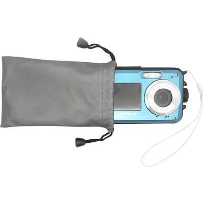 Digitalkamera in einer grauen Tasche, teilweise sichtbar, mit einem blauen Gehäuse und Objektiv auf der rechten Seite.