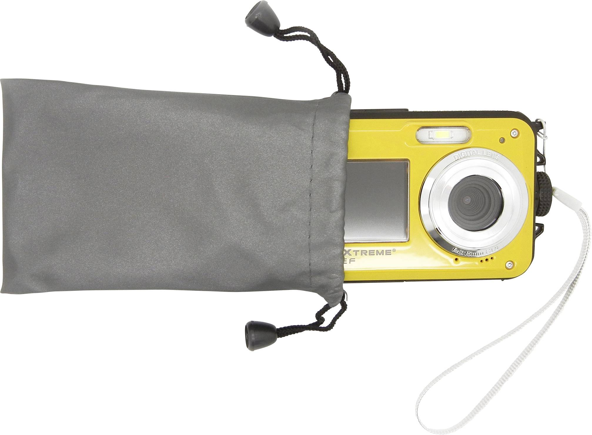 Gelbe Digitalkamera halb in grauer Stofftasche, mit herausgezogenem Objektiv und kleiner Handschlaufe rechts.