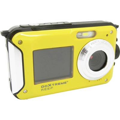 Gelbe Kompaktkamera mit silbernem Objektiv und Aufschrift 'GoXtreme Reef'. Geeignet für Outdoor- und Unterwasserfotografie.