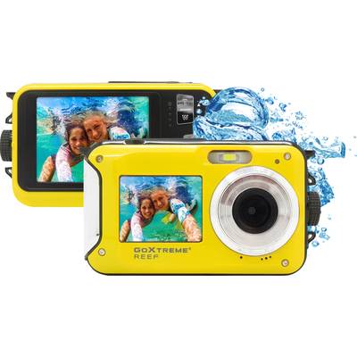 Gelbe Unterwasserkamera mit Display. Auf dem Display sind zwei lachende Personen beim Schwimmen zu sehen. Links ein Wassertropfen.