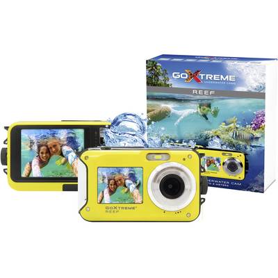 Gelbe Unterwasserkamera GoXtreme Reef, zeigt auf dem Bildschirm lachendes Paar beim Tauchen, Verpackung im Hintergrund.