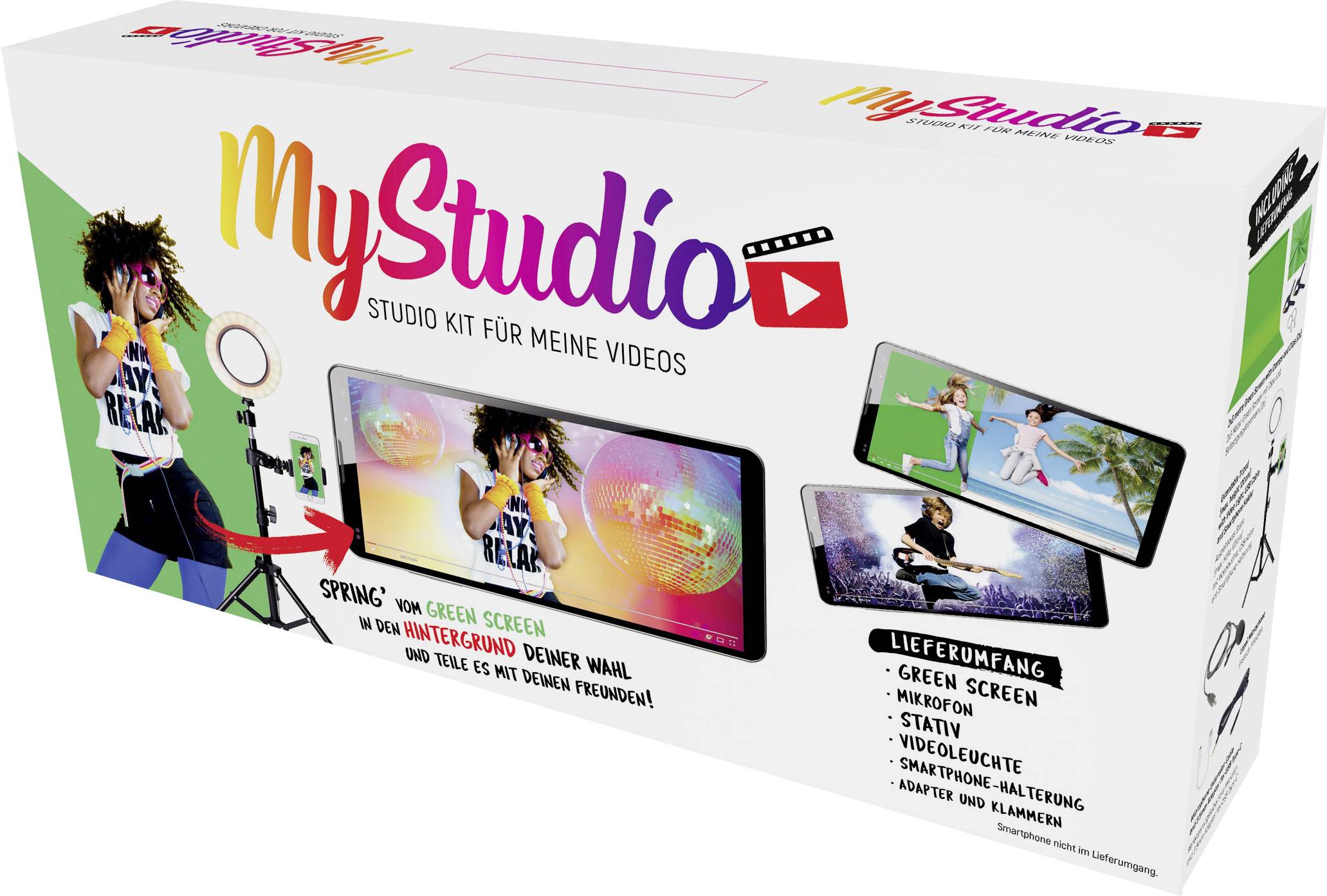 MyStudio Paket für Videoerstellung, enthält Greenscreen, Mikrofon, Stativ, Halterung und Zubehör mit Abbildungen der Produkte.