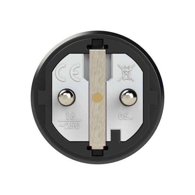 Rückansicht eines zweipoligen Steckers mit CE- und Recycling-Symbolen, Spannung '16–250' und Produktionsnummer '05'.