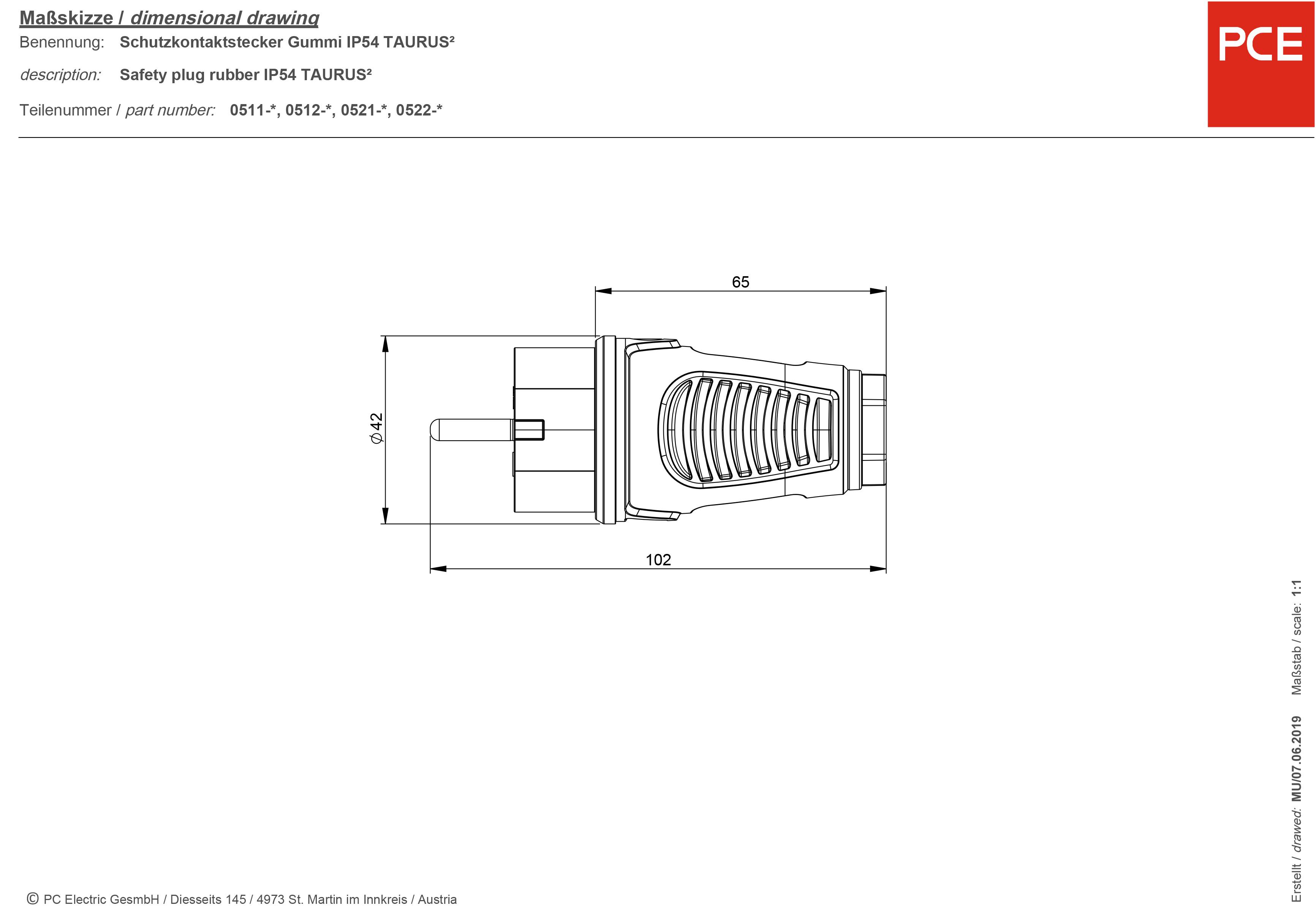 'Schutzkontaktstecker Gummi IP54 TAURUS'; Seitenansicht eines Steckers mit Abmessungen: Länge 102 mm, Breite 42 mm, Höhe 65 mm.