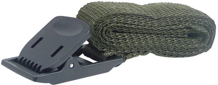 Eine zusammengerollte olivgrüne Netzstrumpfhose, gehalten von einem schwarzen Plastikclip.