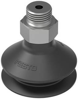 Eine schwarze Sauggreiferkomponente mit einer metallischen Verbindung oben, markiert mit 'Festo'.