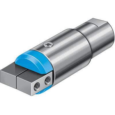 Ein Metallwerkzeugadapter mit blauer Schutzkappe und Schraubbefestigung auf einem zylindrischen Gehäuse.
