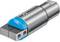 Ein Metallwerkzeugadapter mit blauer Schutzkappe und Schraubbefestigung auf einem zylindrischen Gehäuse.