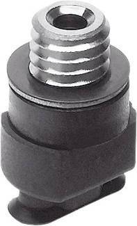 Schwarze, zylindrische, metallische Komponente mit geriffeltem oberen Teil auf grauem Hintergrund. Möglicher mechanischer Bauteil.