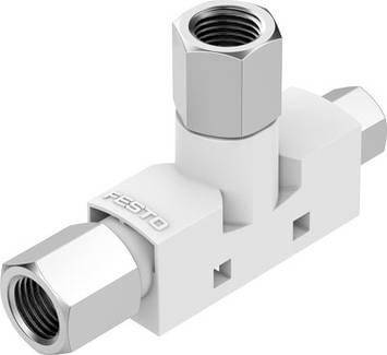 T-förmiger Pneumatikverbinder aus Metall mit drei Anschlüssen.