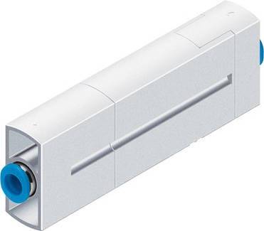 Weißer, rechteckiger pneumatischer Verbinder mit blauen Anschlussenden, verwendet zur Verbindung von Schläuchen in Druckluftsystemen.