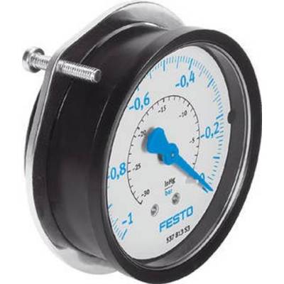 Rundes Manometer mit blauem Zeiger, der auf -0,5 InHg zeigt. Gerät von 'FESTO', verwendet zur Druckmessung in technischen Anwendungen.