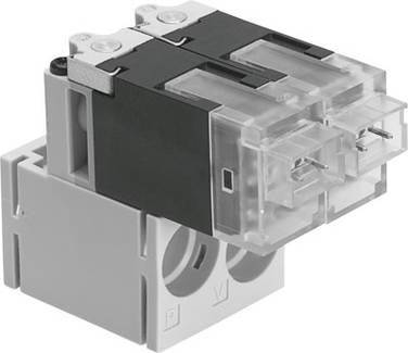 Ein elektromechanischer Schalter mit zwei transparenten Schaltelementen, montiert auf einem grauen Basismodul.