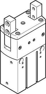 Technische Zeichnung eines mechanischen Bauteils mit rechteckigem Gehäuse und befestigten Stützen, vermutlich für industrielle Anwendungen.